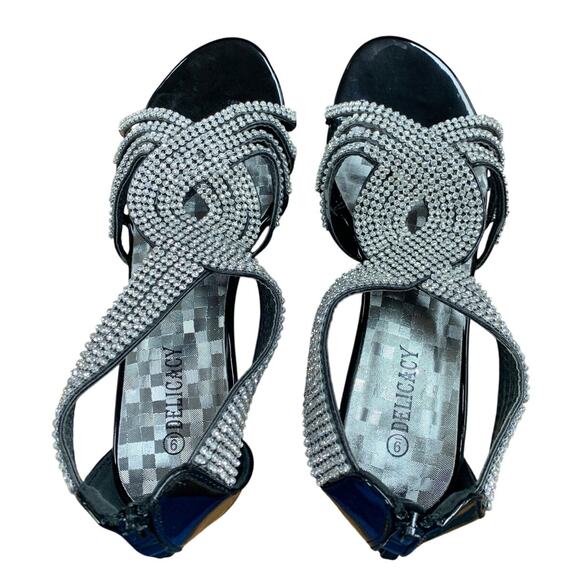 Delicacy Womens Size 9 Silver Rhinestone on Shiny Black Open Toe 3" Heel Shoes - Picture 4 of 6
